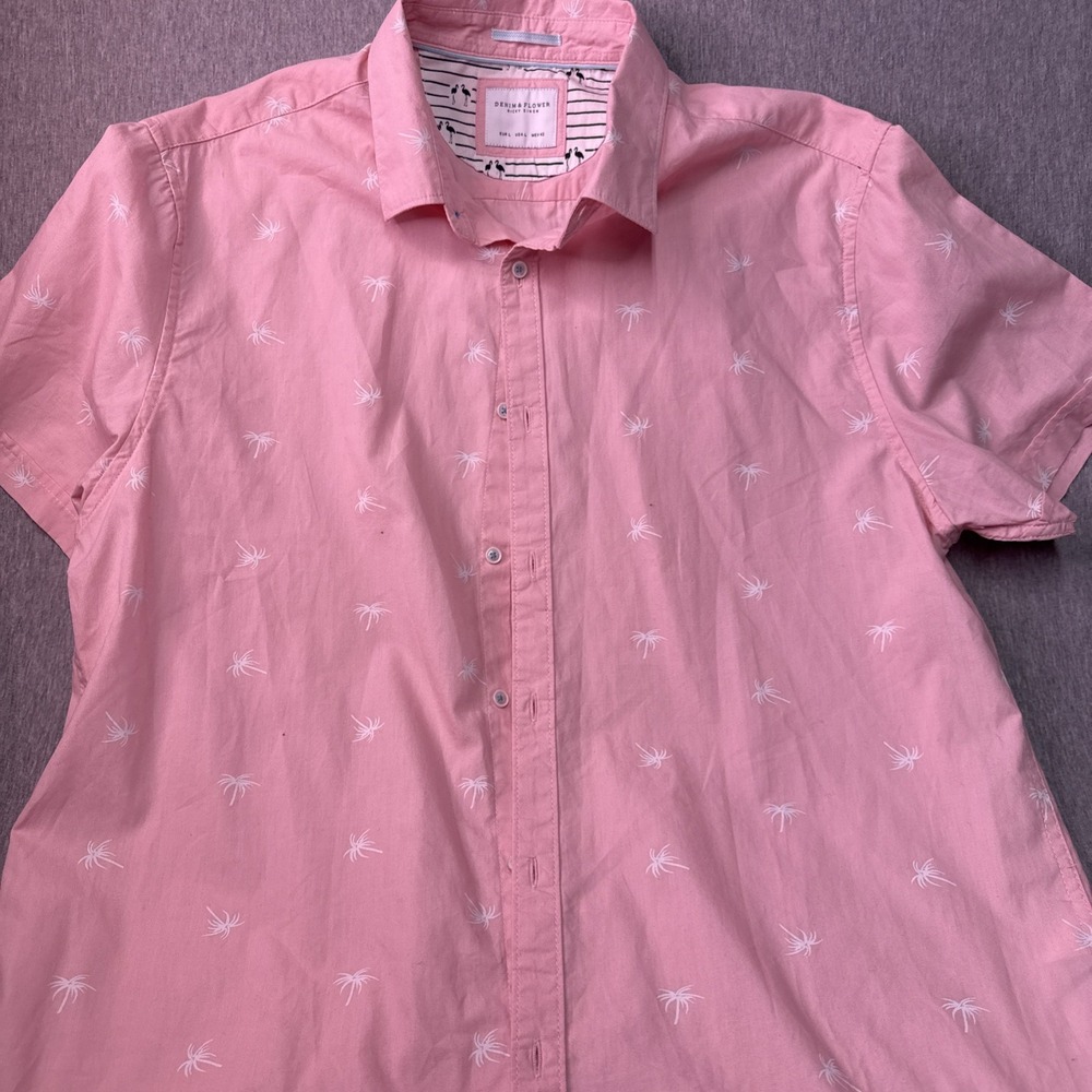 Denim & Flower Ricky Singh Men's Blue Palm Tree Button-Up Shirt Short Sleeve L